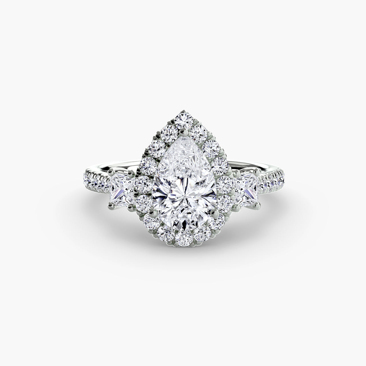 14K White Gold / Pear Three-Stone Ring with Halo 2