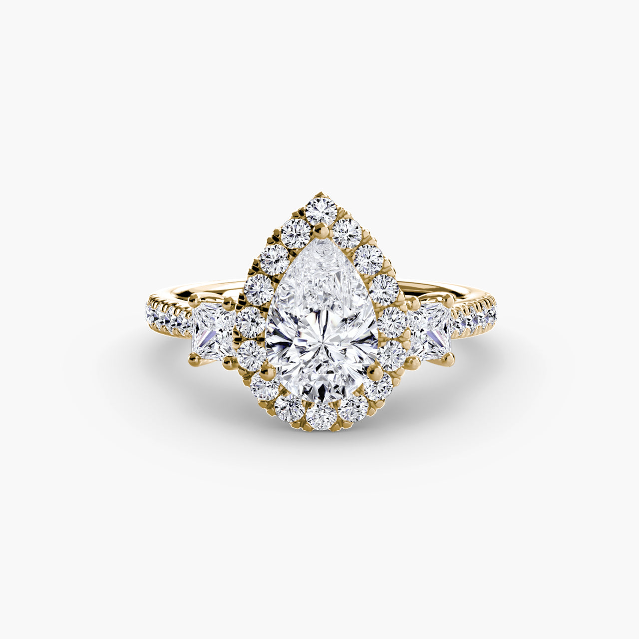 14K Yellow Gold / Pear Three-Stone Ring with Halo 2