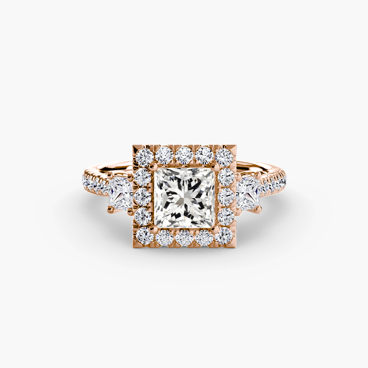 14K Rose Gold / Princess Three-Stone Ring with Halo 2