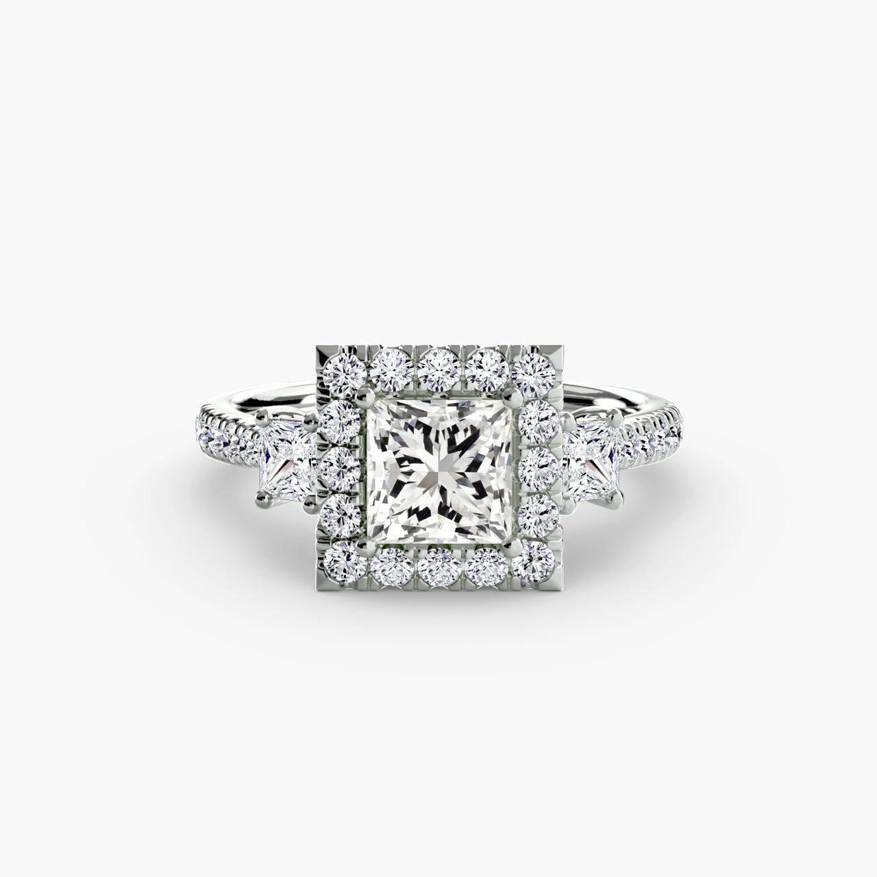 14K White Gold / Princess Three-Stone Ring with Halo 2