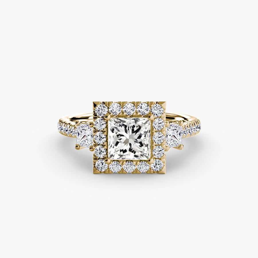 14K Yellow Gold / Princess Three-Stone Ring with Halo 2
