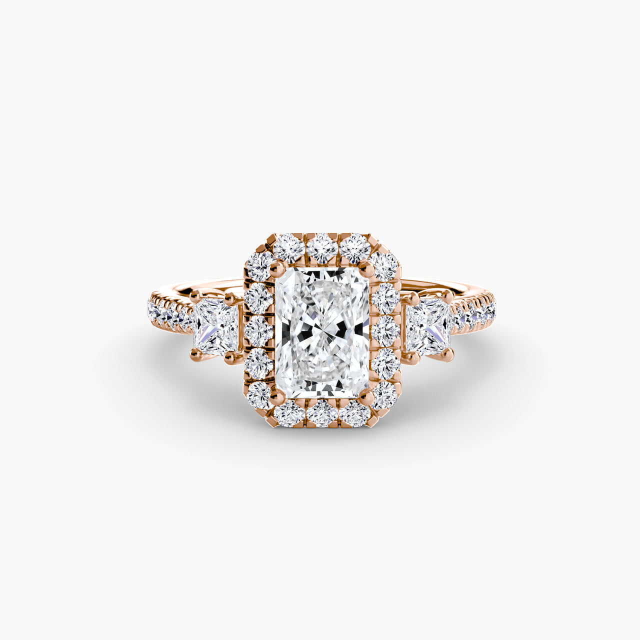 14K Rose Gold / Radiant Three-Stone Ring with Halo 2