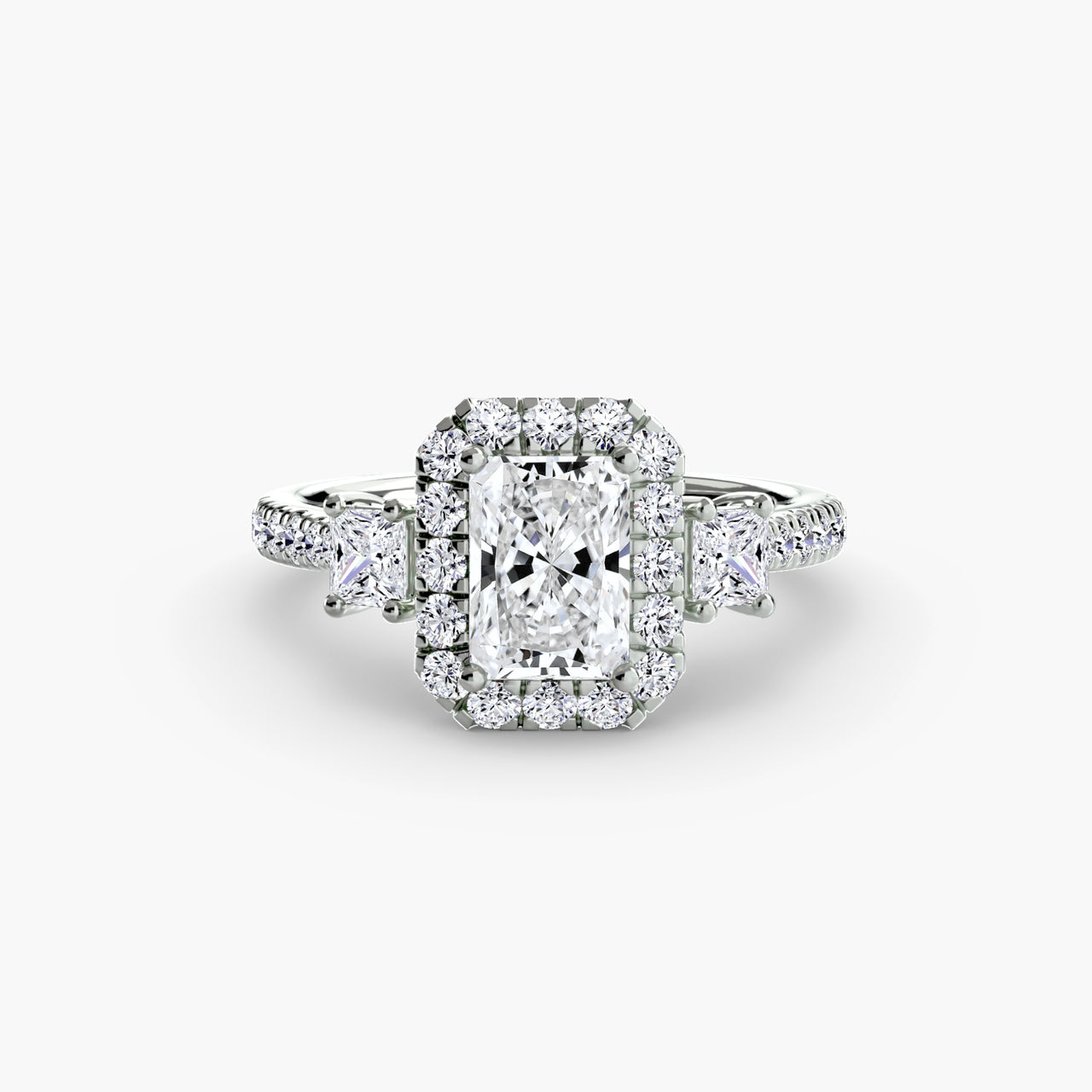 14K White Gold / Radiant Three-Stone Ring with Halo 2
