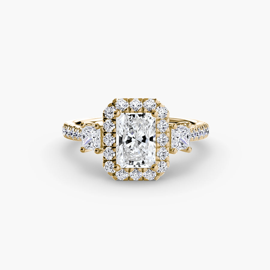 14K Yellow Gold / Radiant Three-Stone Ring with Halo 2