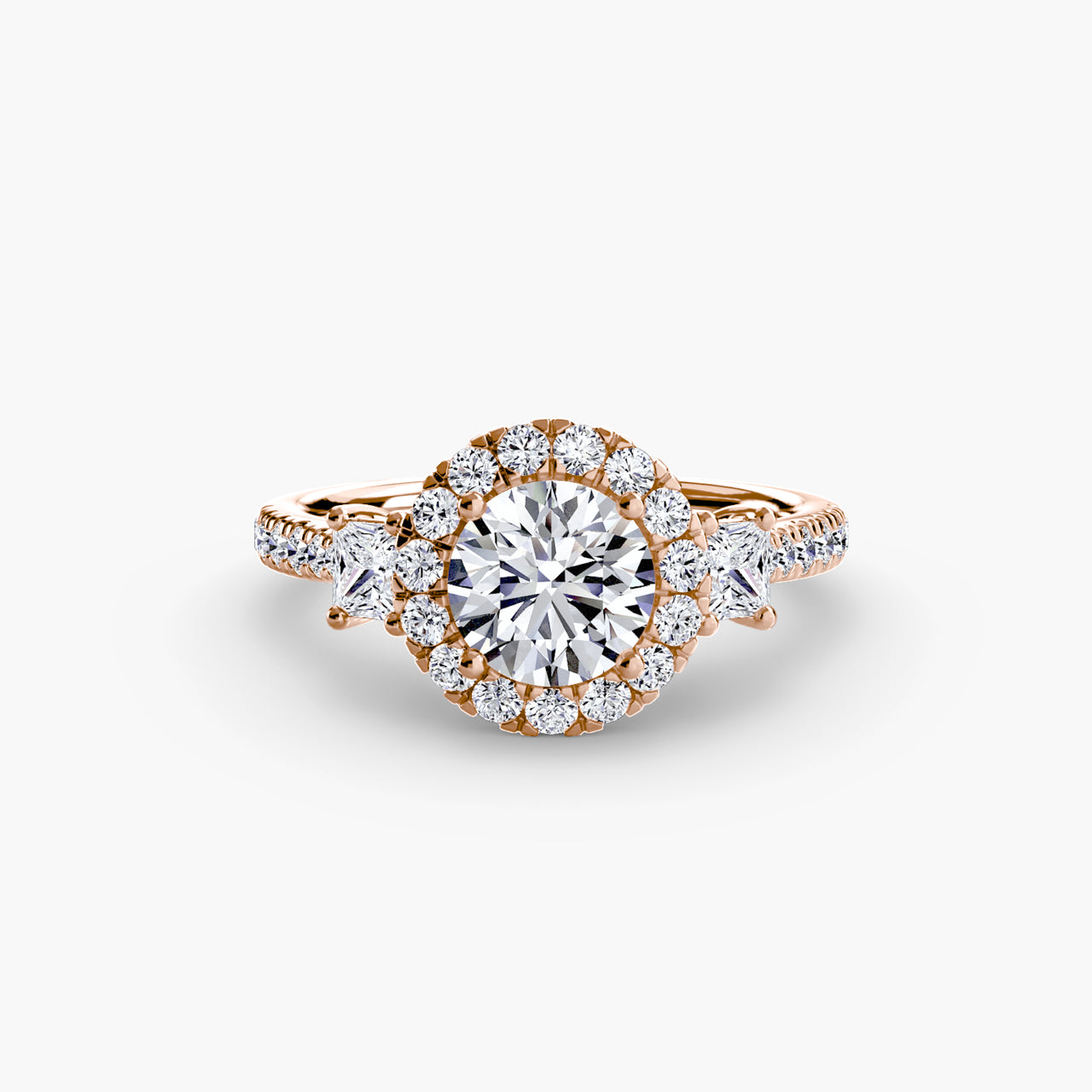14K Rose Gold / Round Three-Stone Ring with Halo 2