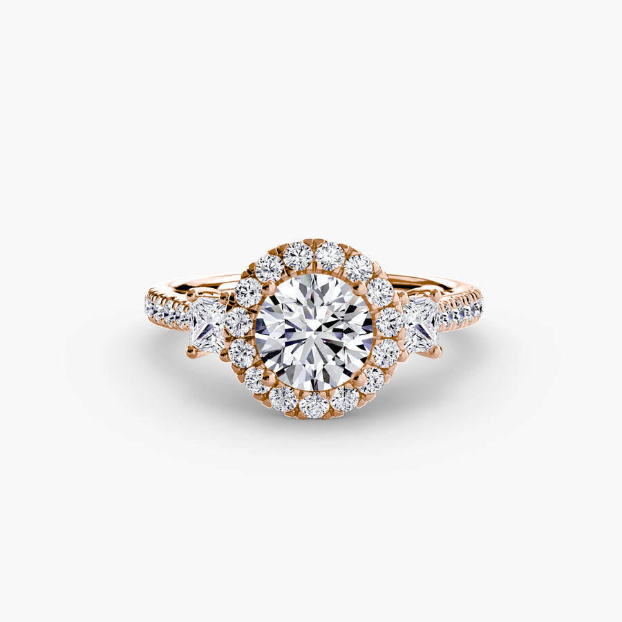 14K Rose Gold / Round Three-Stone Ring with Halo 2