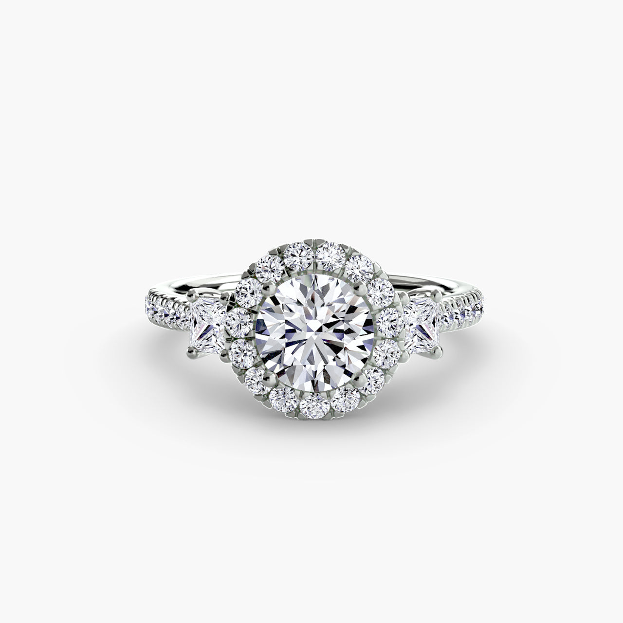 14K White Gold / Round Three-Stone Ring with Halo 2