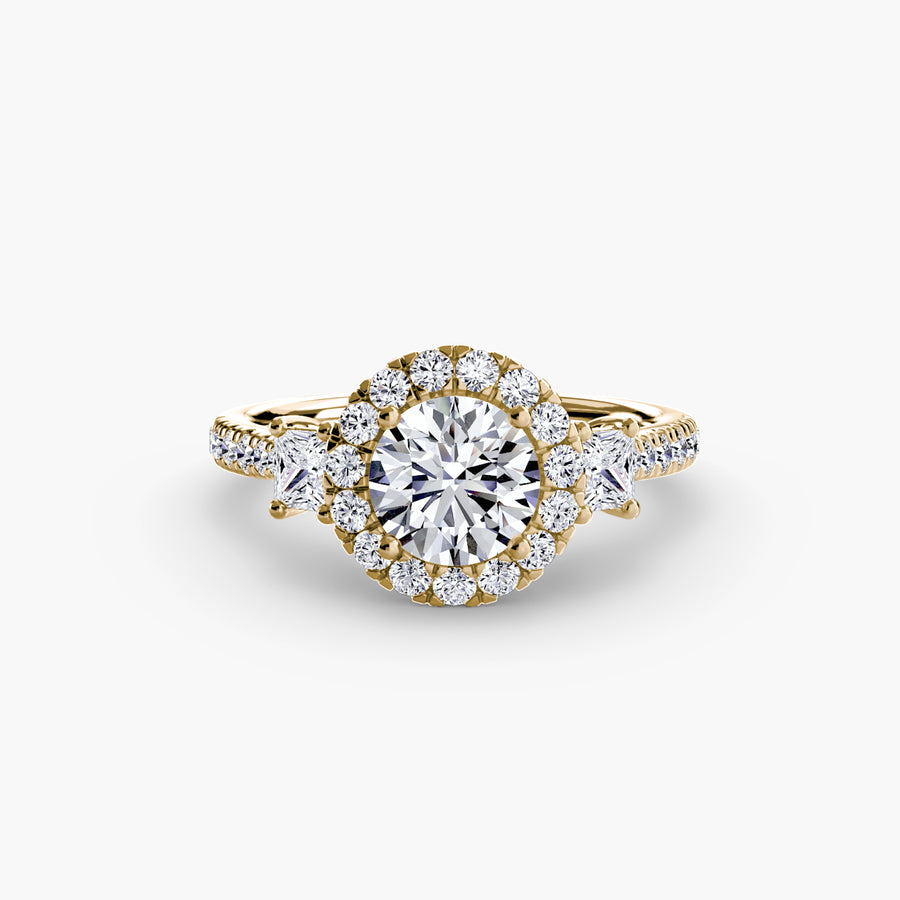 14K Yellow Gold / Round Three-Stone Ring with Halo 2