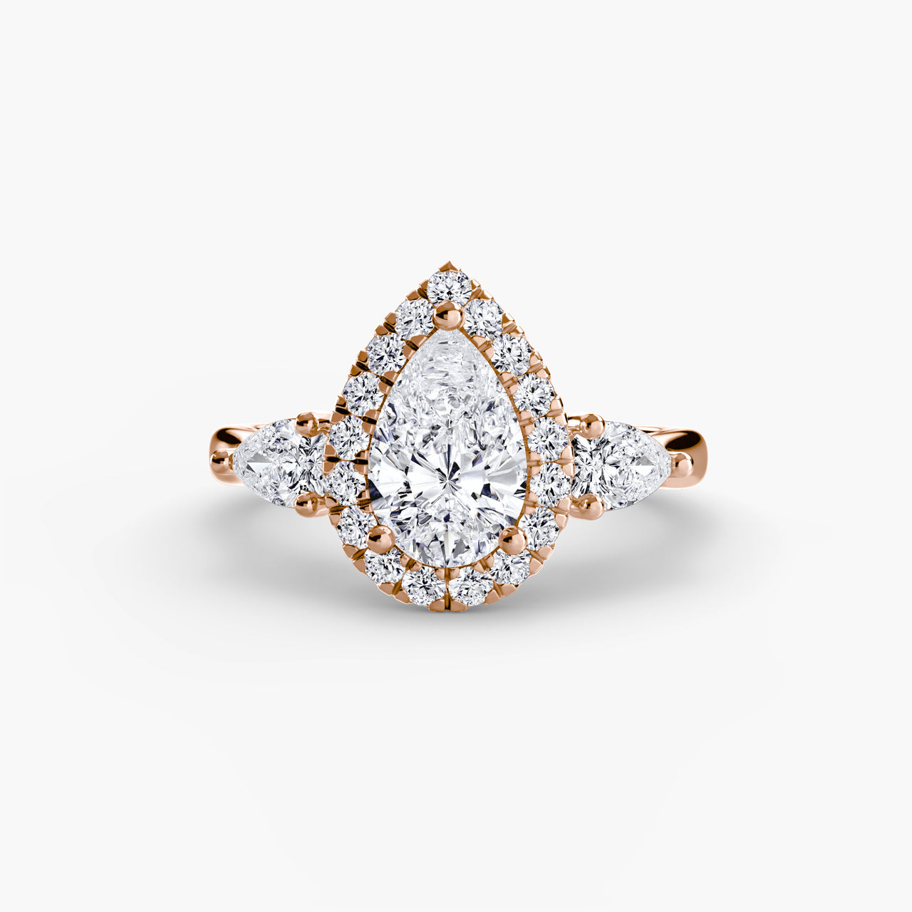 14K Rose Gold / Pear Three-Stone Ring with Halo
