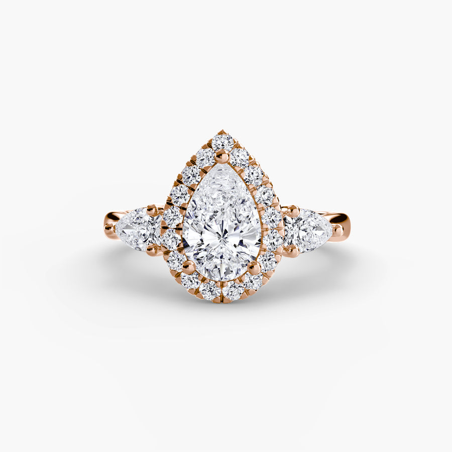 14K Rose Gold / Pear Three-Stone Ring with Halo