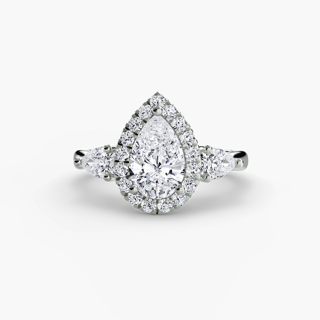 14K White Gold / Pear Three-Stone Ring with Halo