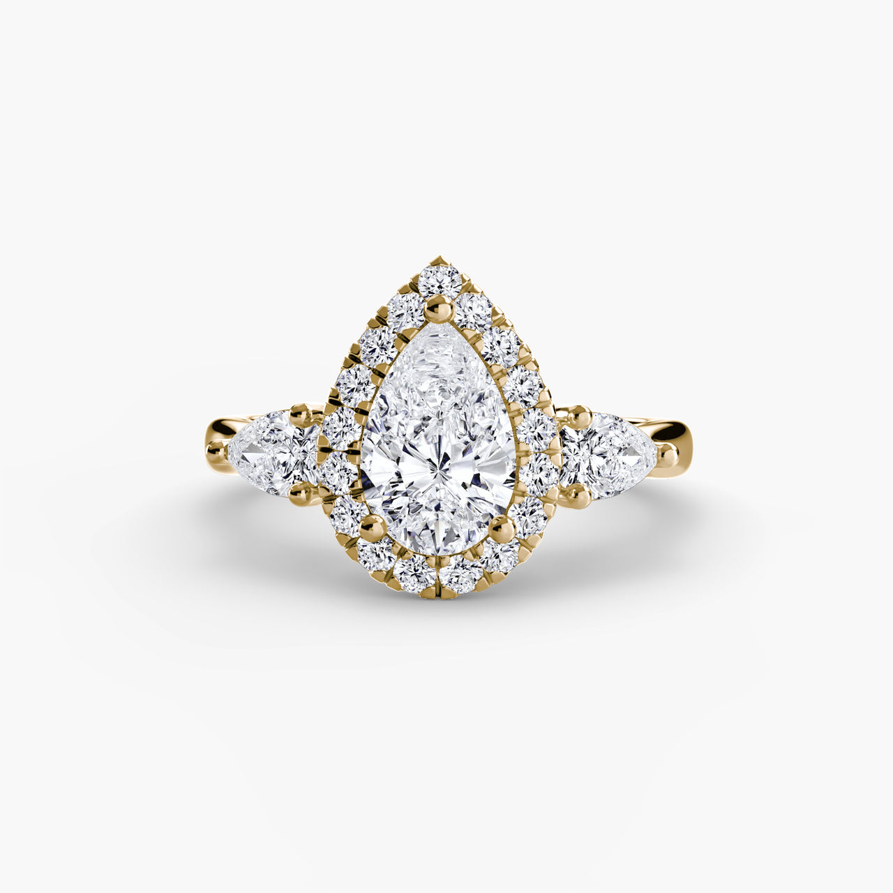 14K Yellow Gold / Pear Three-Stone Ring with Halo