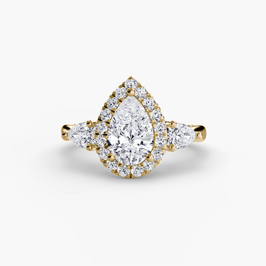 14K Yellow Gold / Pear Three-Stone Ring with Halo
