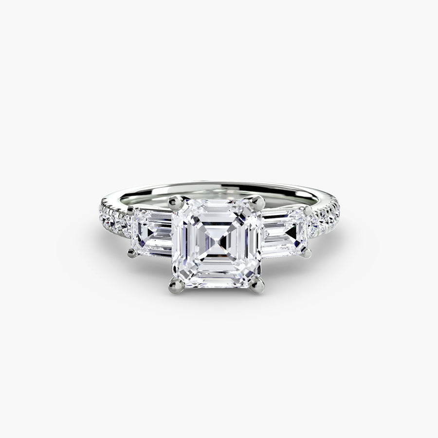 14K White Gold / Asscher Three-Stone Ring with Pavé Band 4