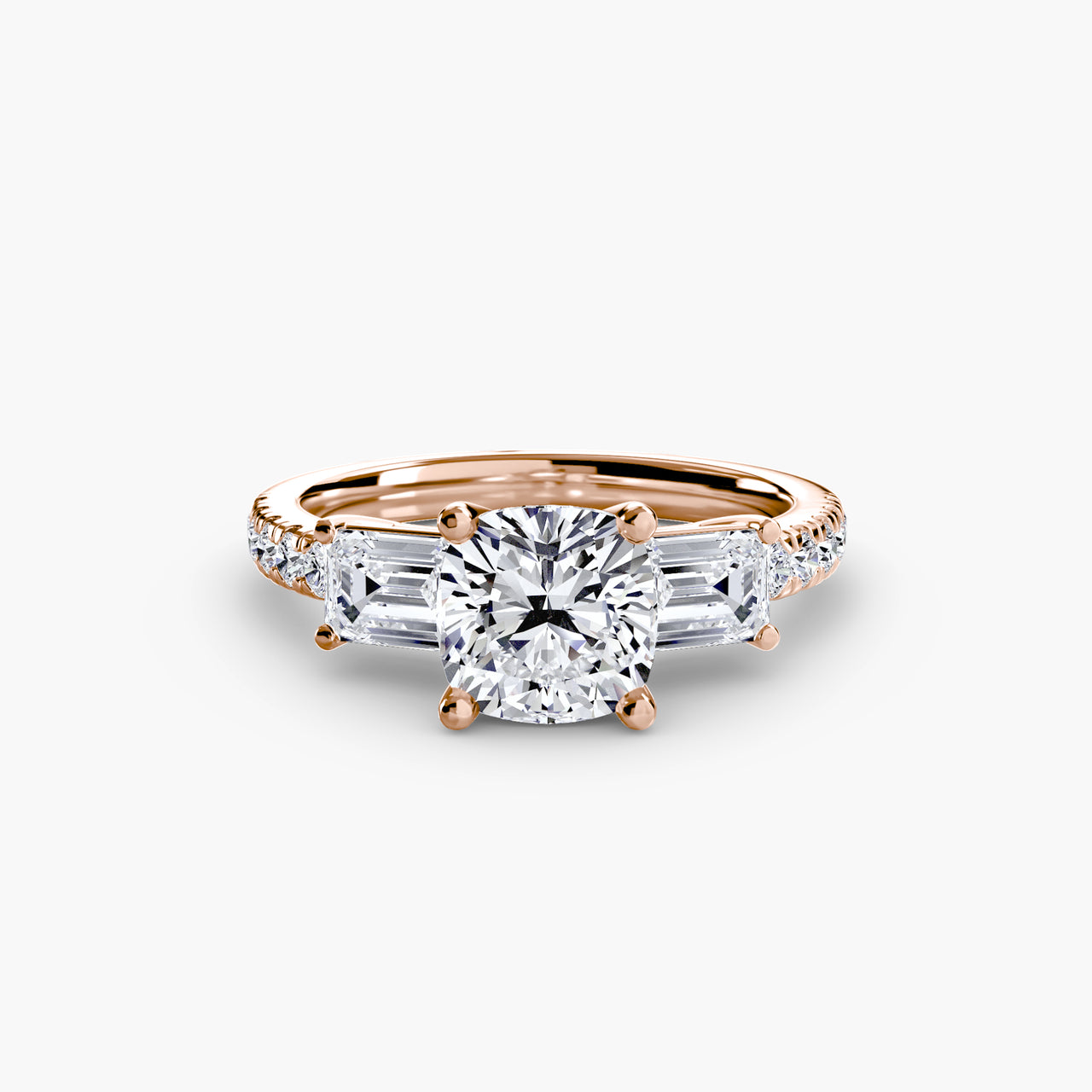 14K Rose Gold / Cushion Three-Stone Ring with Pavé Band 4