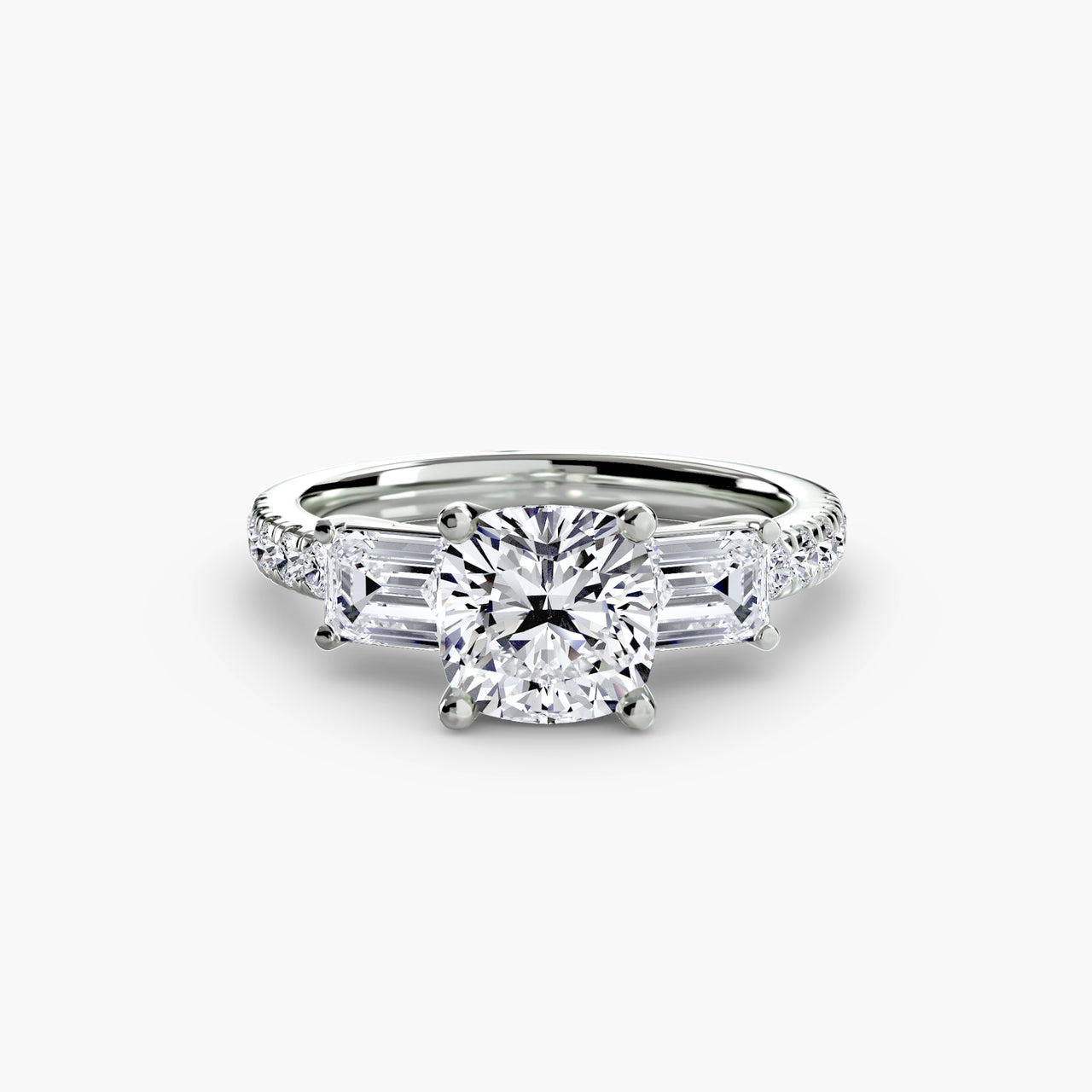 14K White Gold / Cushion Three-Stone Ring with Pavé Band 4