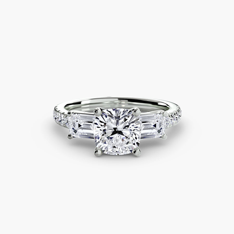 14K White Gold / Cushion Three-Stone Ring with Pavé Band 4