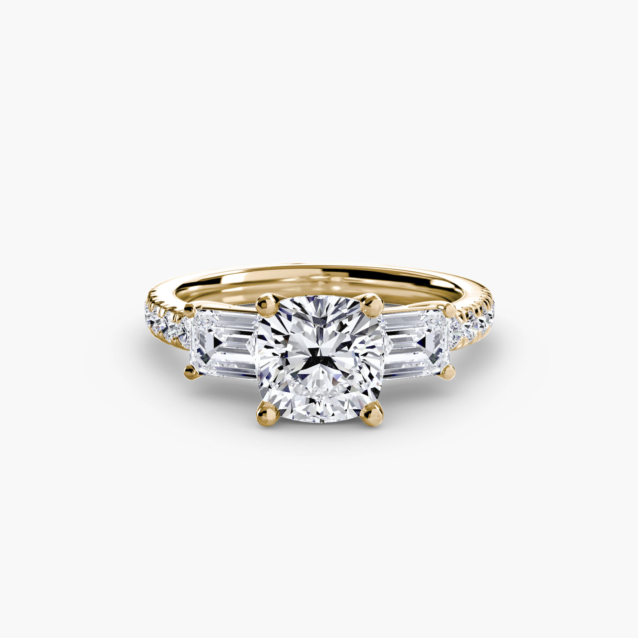 14K Yellow Gold / Cushion Three-Stone Ring with Pavé Band 4