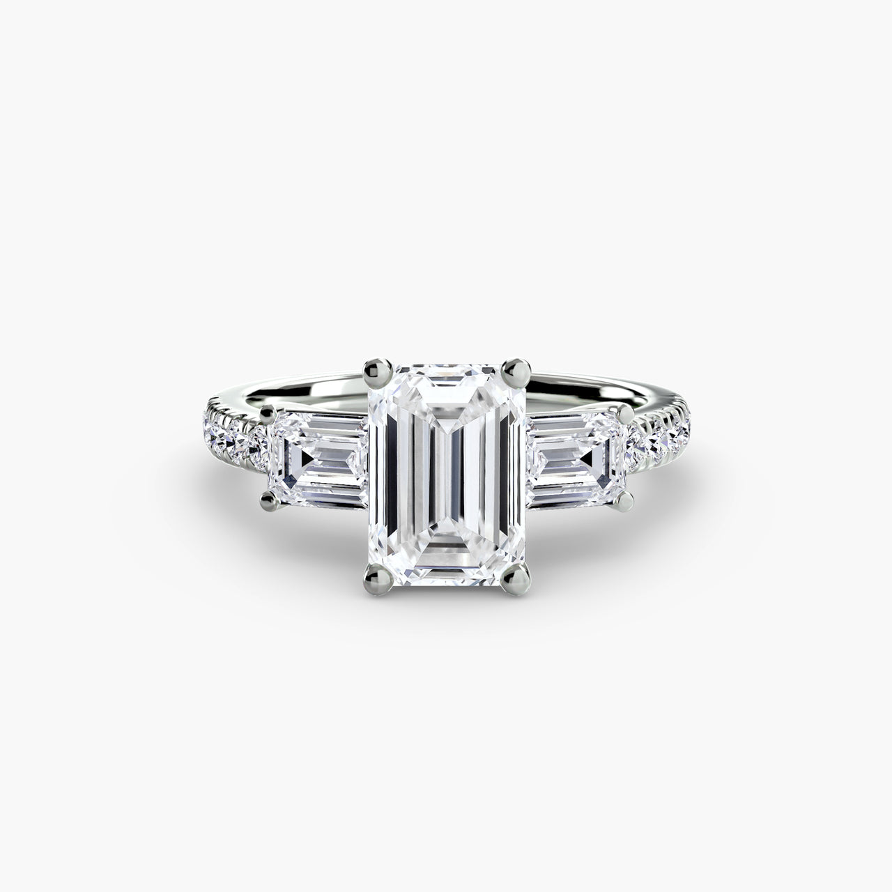 14K White Gold / Emerald Three-Stone Ring with Pavé Band 4