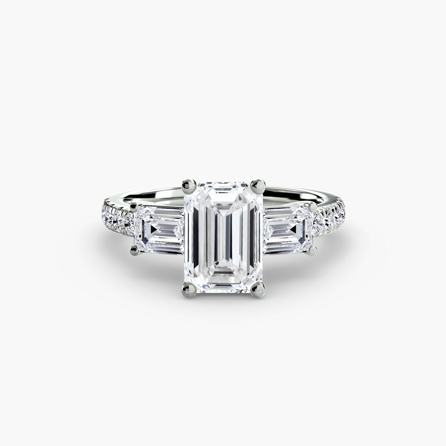 14K White Gold / Emerald Three-Stone Ring with Pavé Band 4