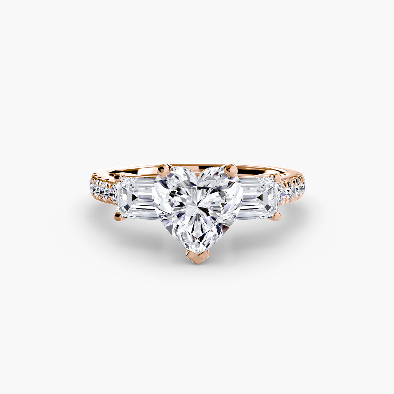 14K Rose Gold / Heart Three-Stone Ring with Pavé Band 4