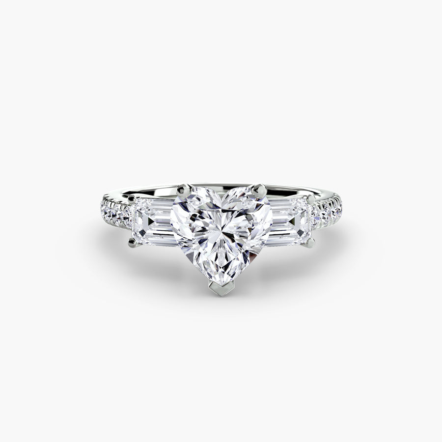 14K White Gold / Heart Three-Stone Ring with Pavé Band 4