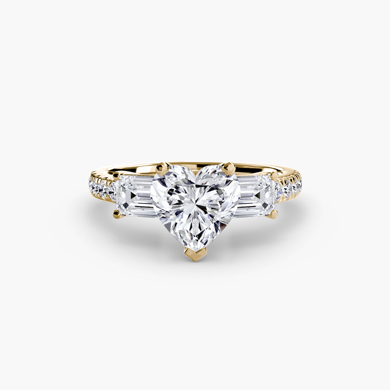 14K Yellow Gold / Heart Three-Stone Ring with Pavé Band 4