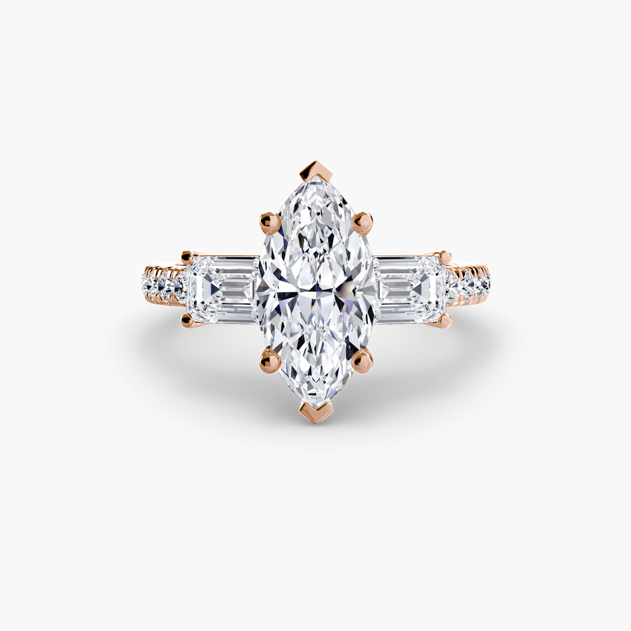 14K Rose Gold / Marquise Three-Stone Ring with Pavé Band 4