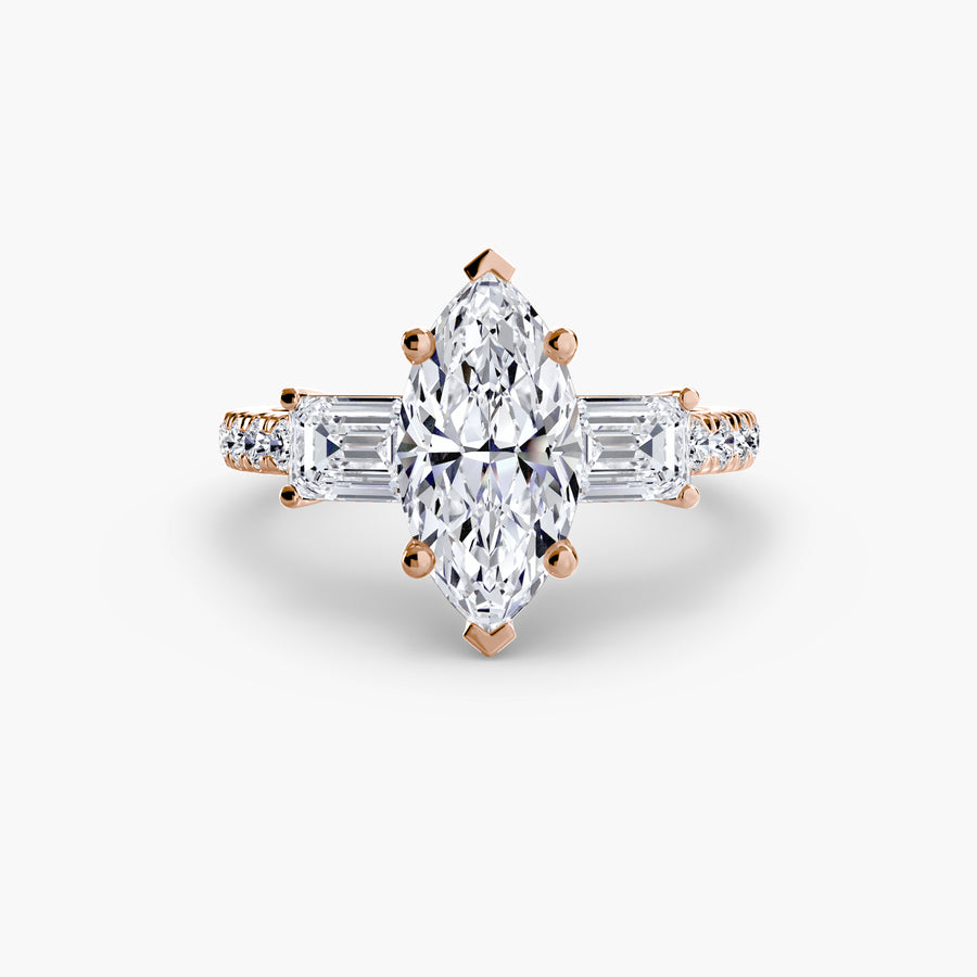 14K Rose Gold / Marquise Three-Stone Ring with Pavé Band 4