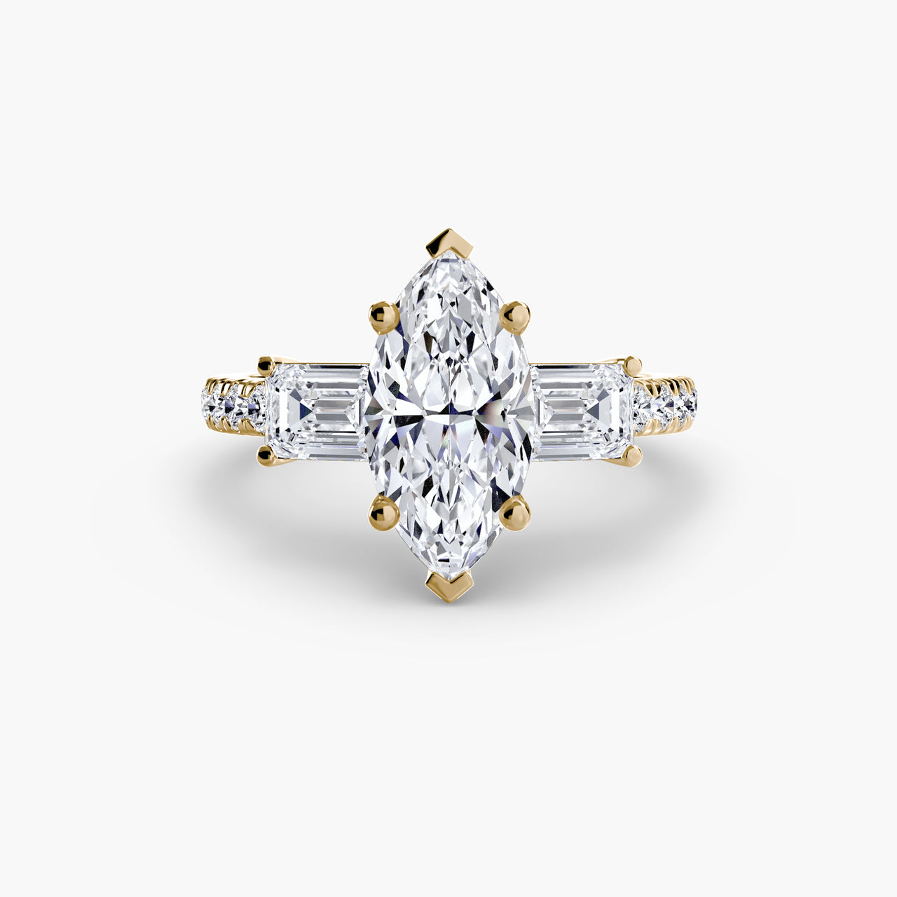 14K Yellow Gold / Marquise Three-Stone Ring with Pavé Band 4