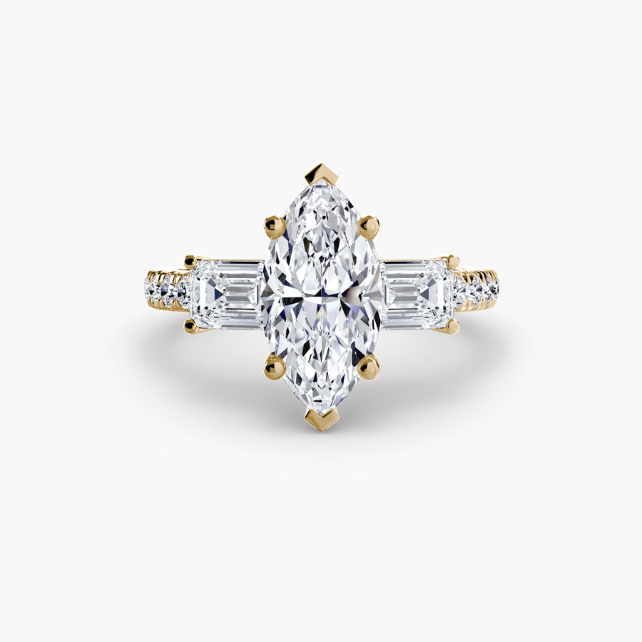 14K Yellow Gold / Marquise Three-Stone Ring with Pavé Band 4