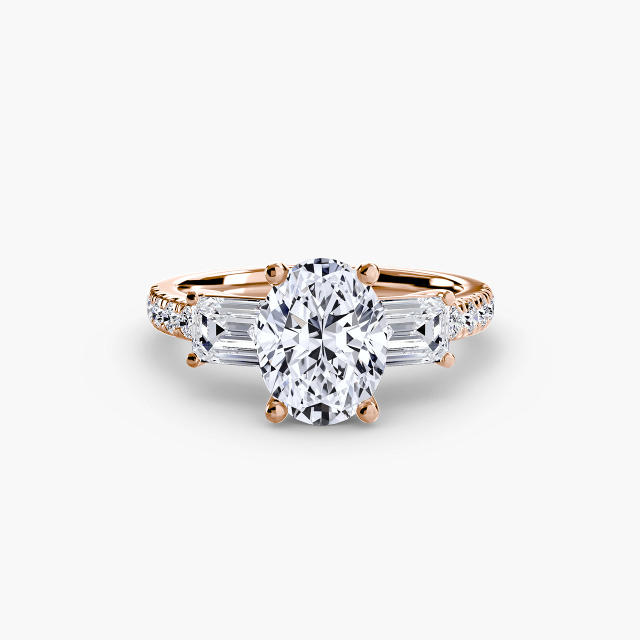 14K Rose Gold / Oval Three-Stone Ring with Pavé Band 4