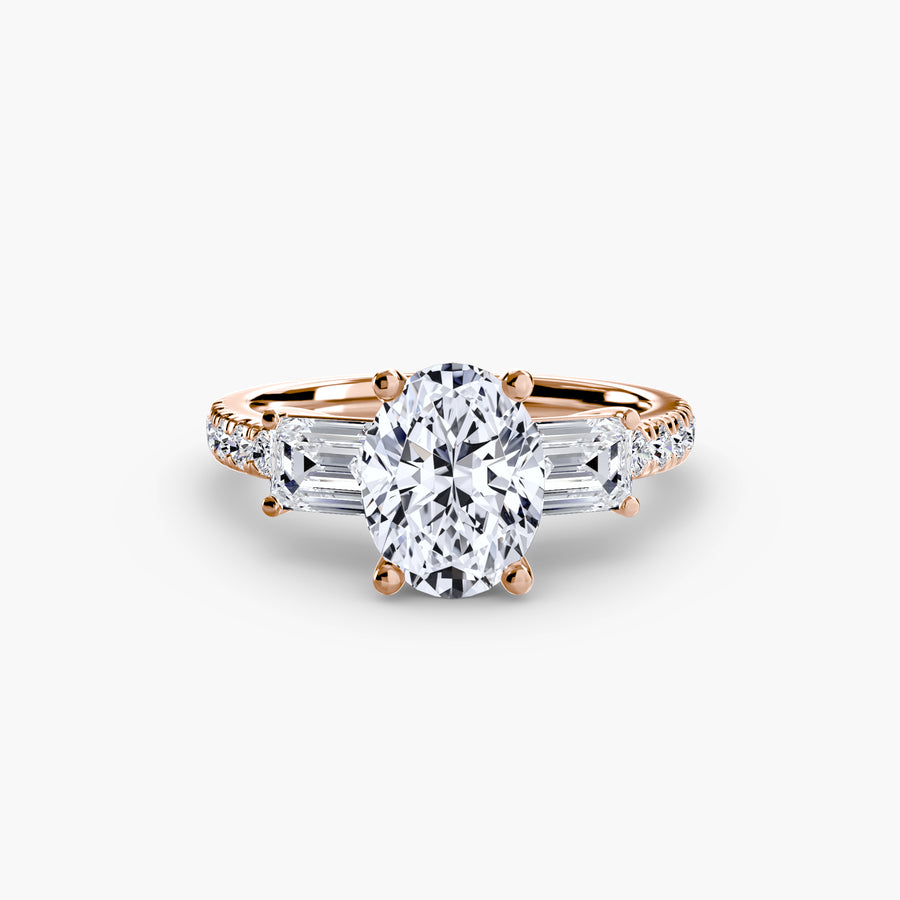 14K Rose Gold / Oval Three-Stone Ring with Pavé Band 4