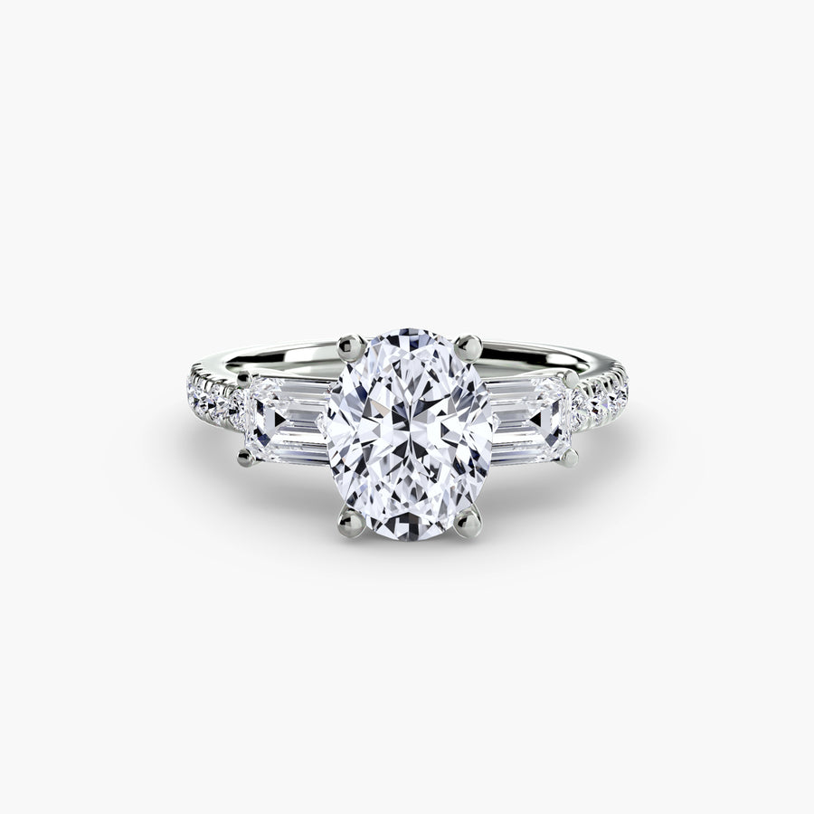 14K White Gold / Oval Three-Stone Ring with Pavé Band 4