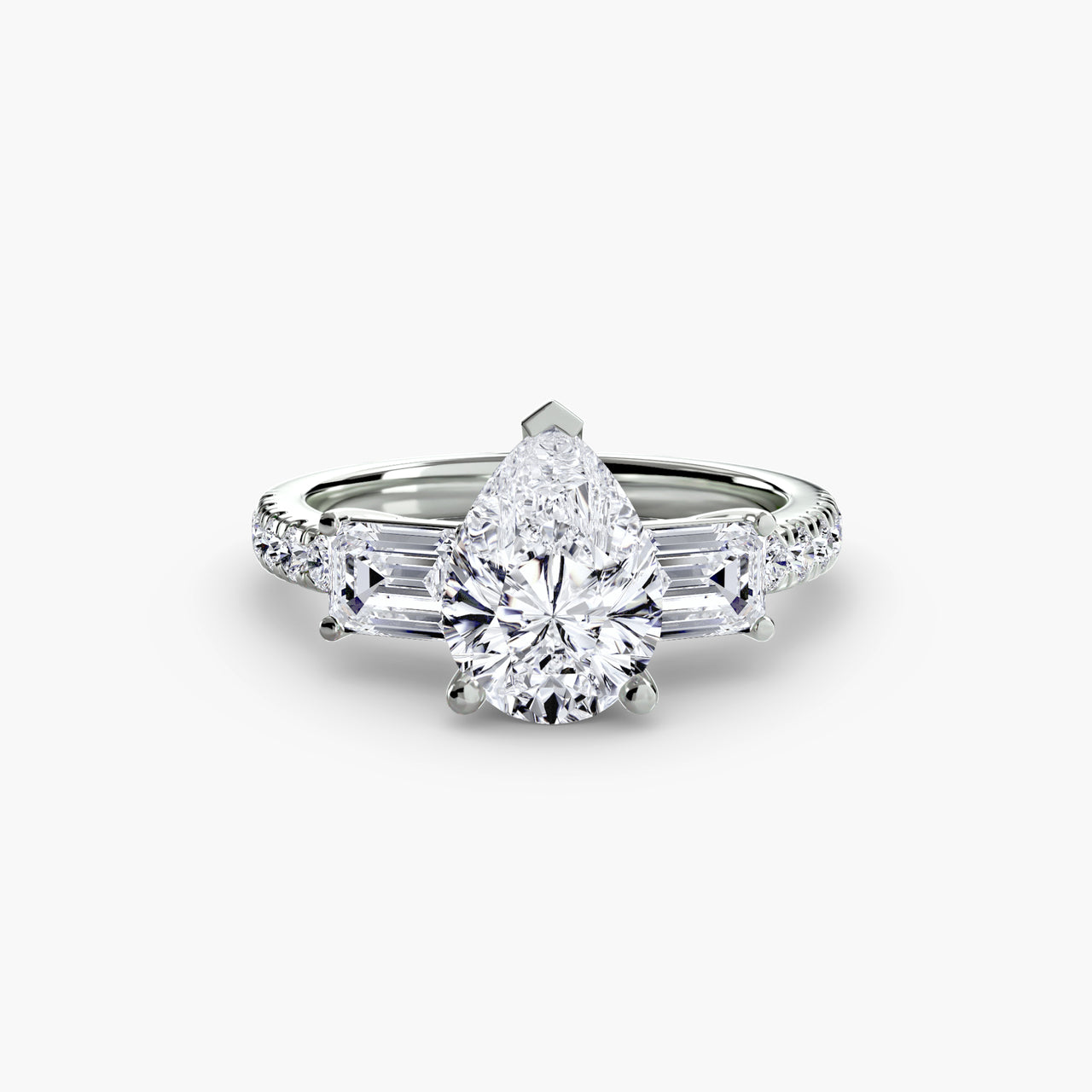 14K White Gold / Pear Three-Stone Ring with Pavé Band 4