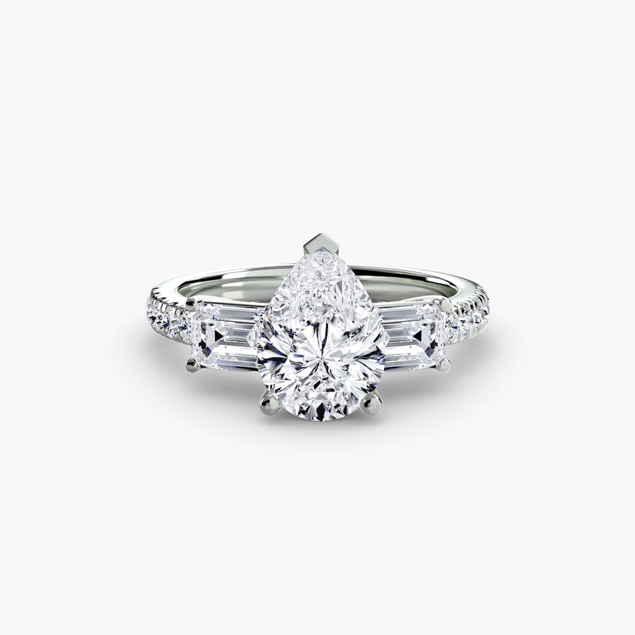 14K White Gold / Pear Three-Stone Ring with Pavé Band 4