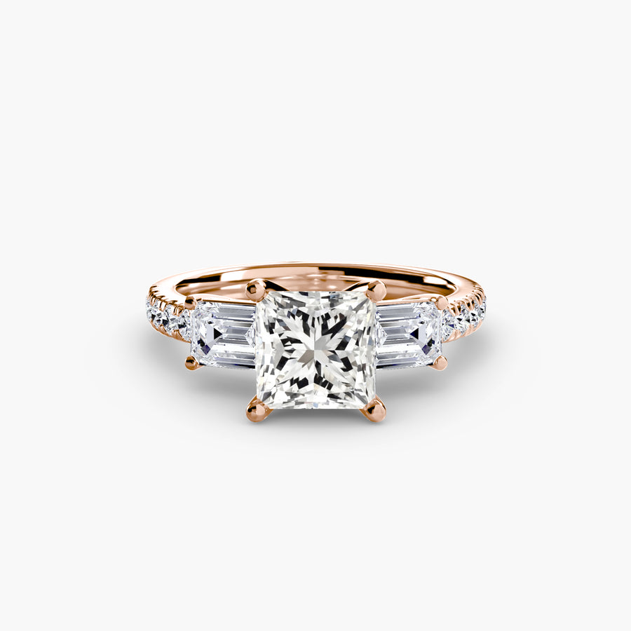 14K Rose Gold / Princess Three-Stone Ring with Pavé Band 4