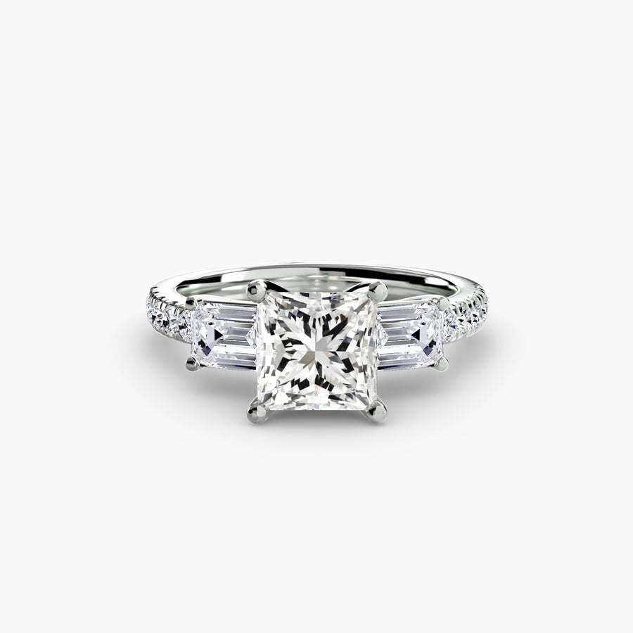 14K White Gold / Princess Three-Stone Ring with Pavé Band 4