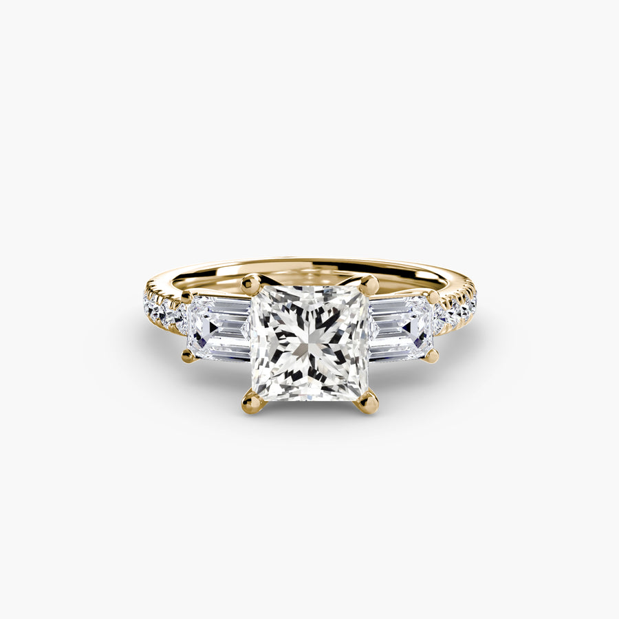 14K Yellow Gold / Princess Three-Stone Ring with Pavé Band 4