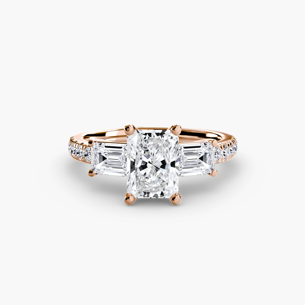14K Rose Gold / Radiant Three-Stone Ring with Pavé Band 4