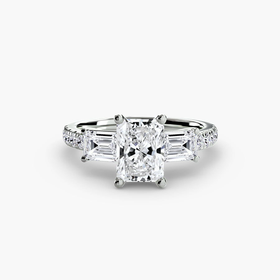 14K White Gold / Radiant Three-Stone Ring with Pavé Band 4