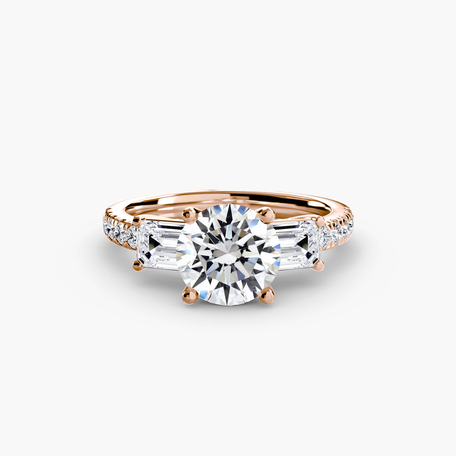 14K Rose Gold / Round Three-Stone Ring with Pavé Band 4