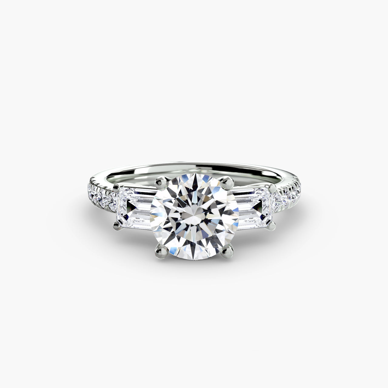 14K White Gold / Round Three-Stone Ring with Pavé Band 4