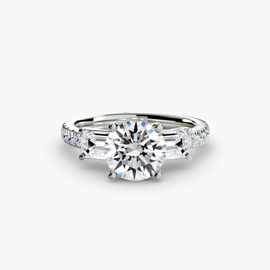 14K White Gold / Round Three-Stone Ring with Pavé Band 4
