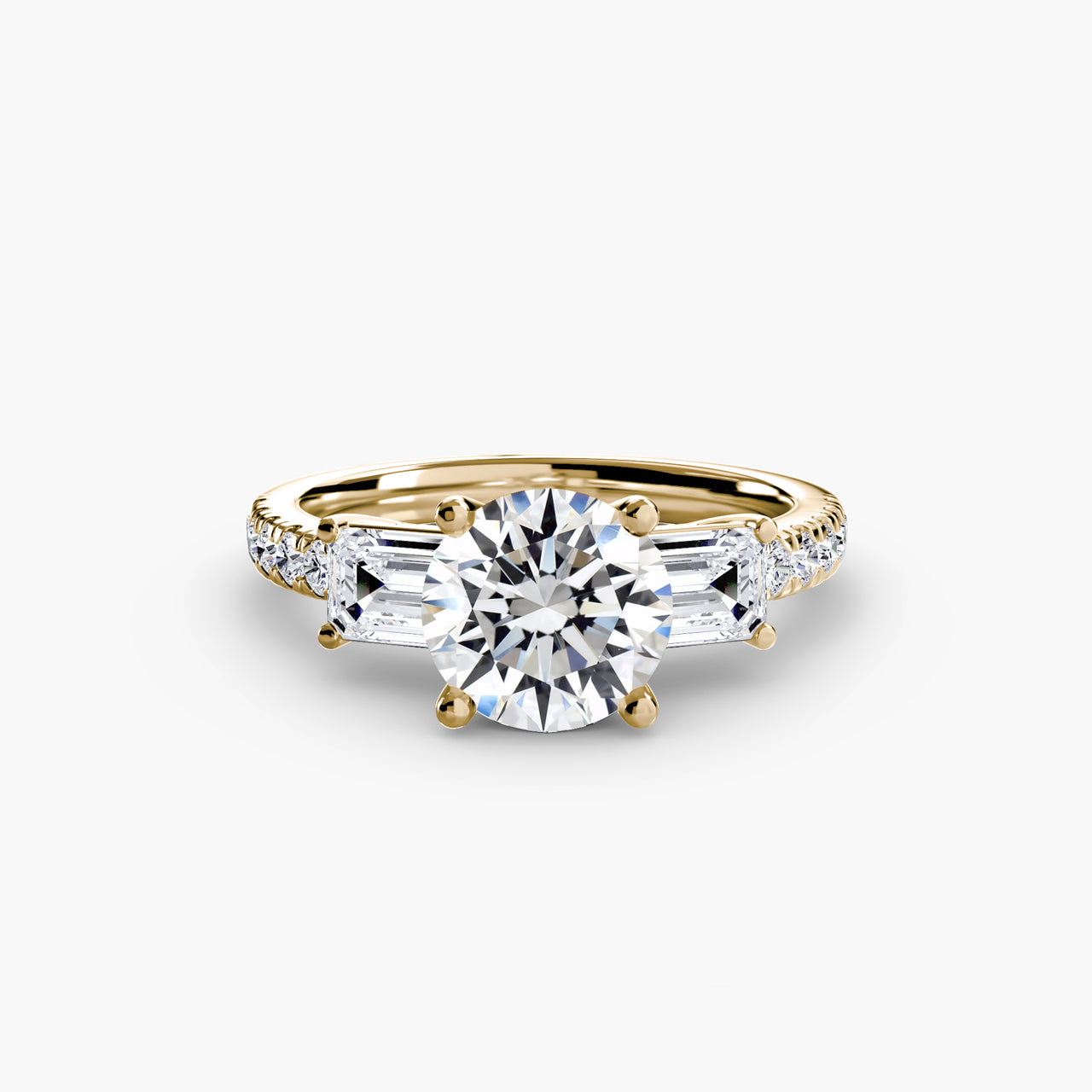 14K Yellow Gold / Round Three-Stone Ring with Pavé Band 4