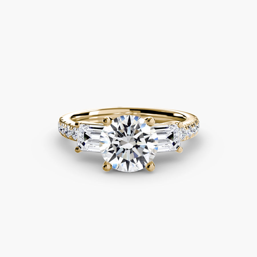 14K Yellow Gold / Round Three-Stone Ring with Pavé Band 4