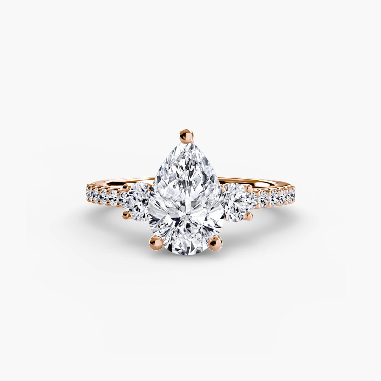 14K Rose Gold / Pear Three-Stone Ring with Pavé Band 5
