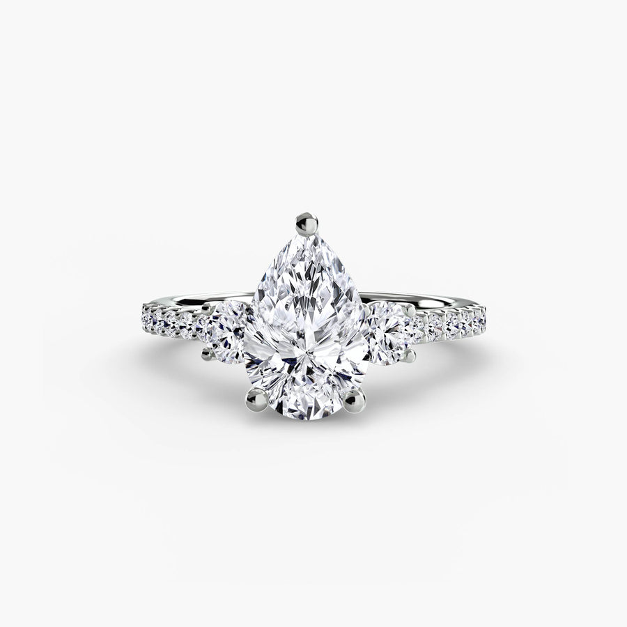 14K White Gold / Pear Three-Stone Ring with Pavé Band 5
