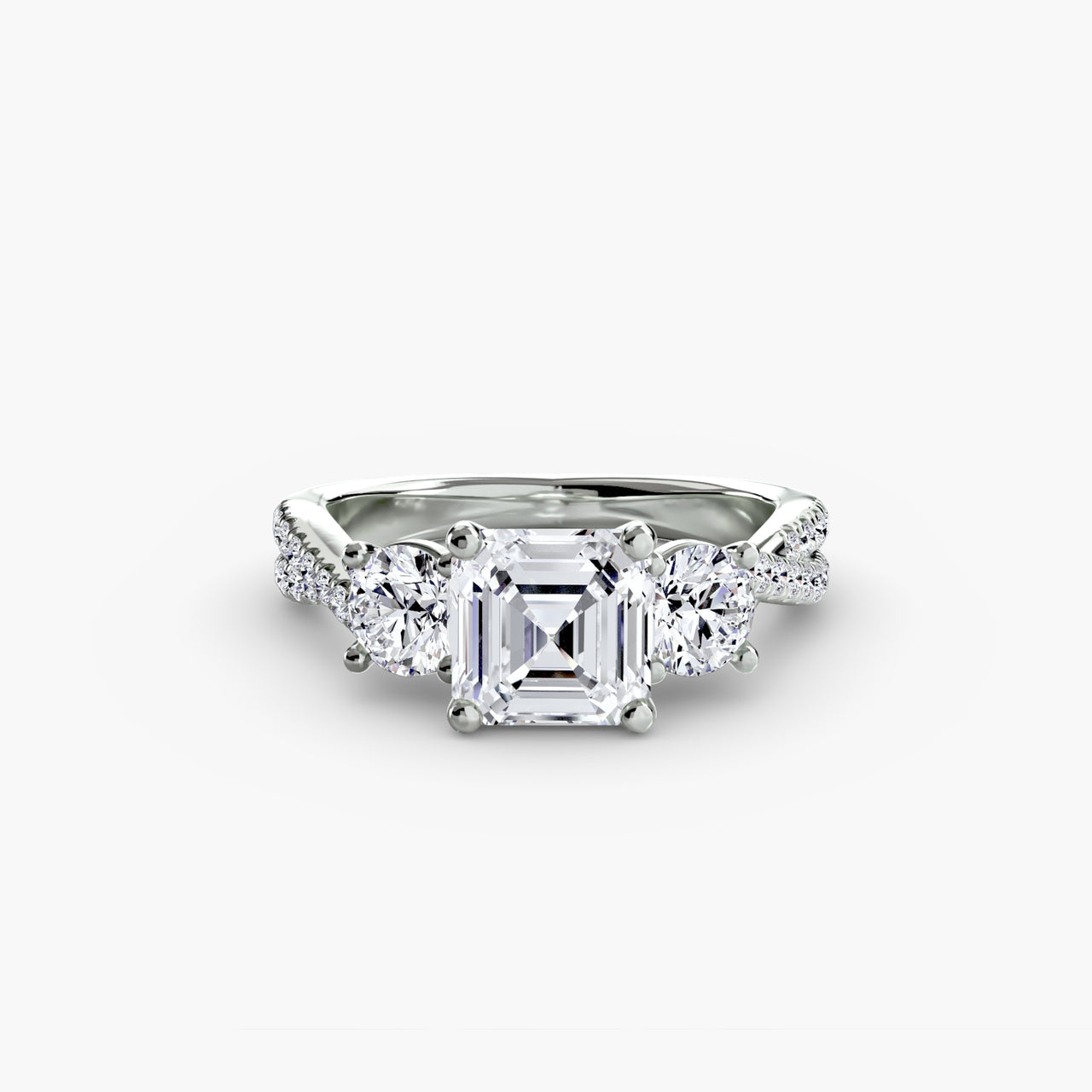 14K White Gold / Asscher Three-Stone with Pavé Band 2