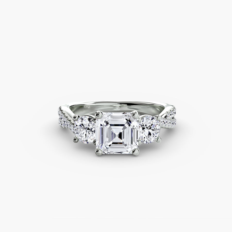 14K White Gold / Asscher Three-Stone with Pavé Band 2